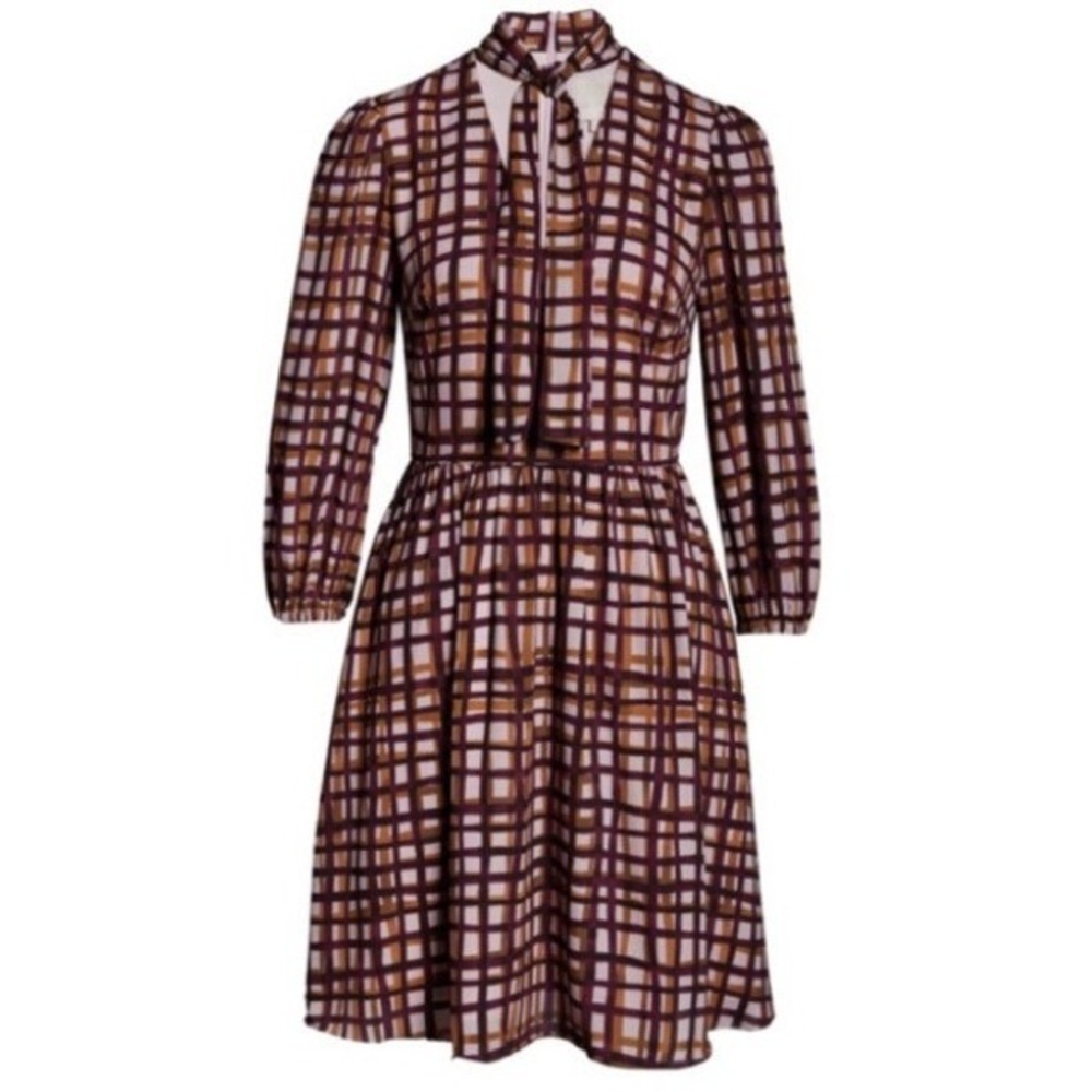 Gal Meets Glam Women's 4 Pink Brown Lindsey Plaid Windowpane Tie Neck Mini Dress